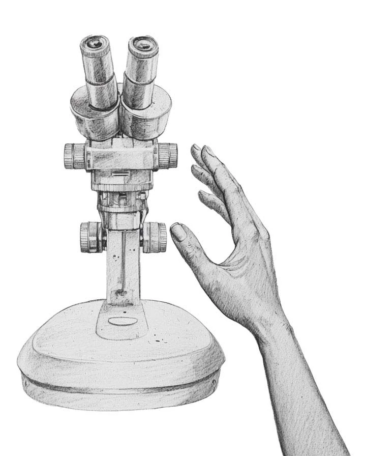 Illustration of a microscope and hand