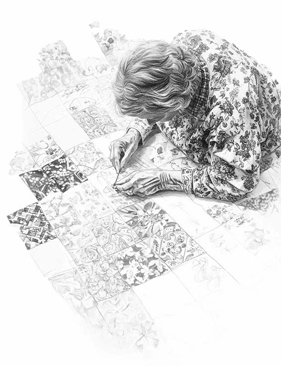 Illustration of a woman sewing a quilt